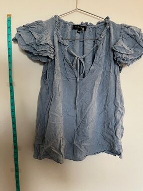 STATE Light Blue Tie-Neck Swiss Dot Puff Sleeve Blouse